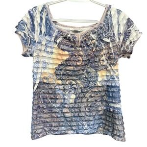 Uniform‎ JPR Paisley Ruffle Top Blue White Short Sleeve Medium